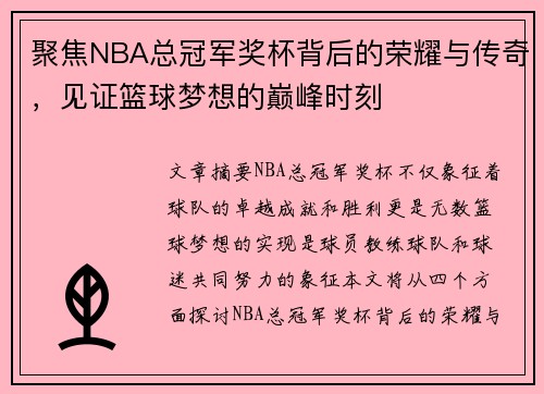 聚焦NBA总冠军奖杯背后的荣耀与传奇，见证篮球梦想的巅峰时刻
