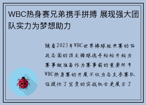 WBC热身赛兄弟携手拼搏 展现强大团队实力为梦想助力